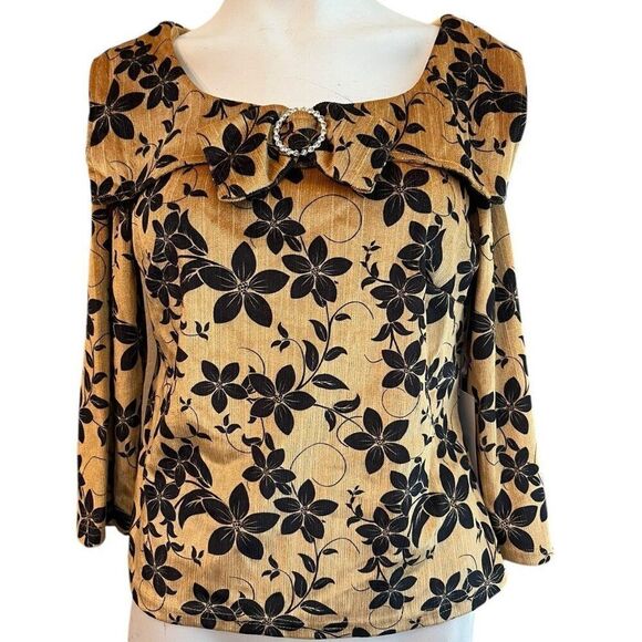 Womens Large Gold Mustard Velvet Floral Rhinestone Bow 3/4 Sleeve Blouse NWT - Picture 1 of 7